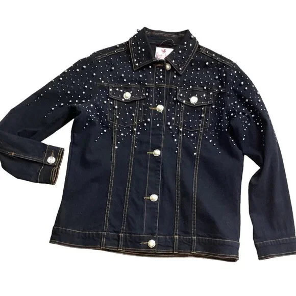 Quacker Factory Black Denim/Jean Jacket Pearl Buttons Beaded Studed Sz XS #57X - Picture 2 of 9
